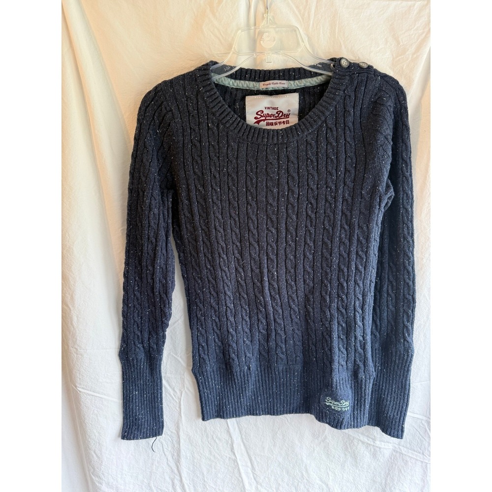 Superdry Premium Black Label Croyde Cable Knit Sweater‎ Navy Blue Marl Womens L